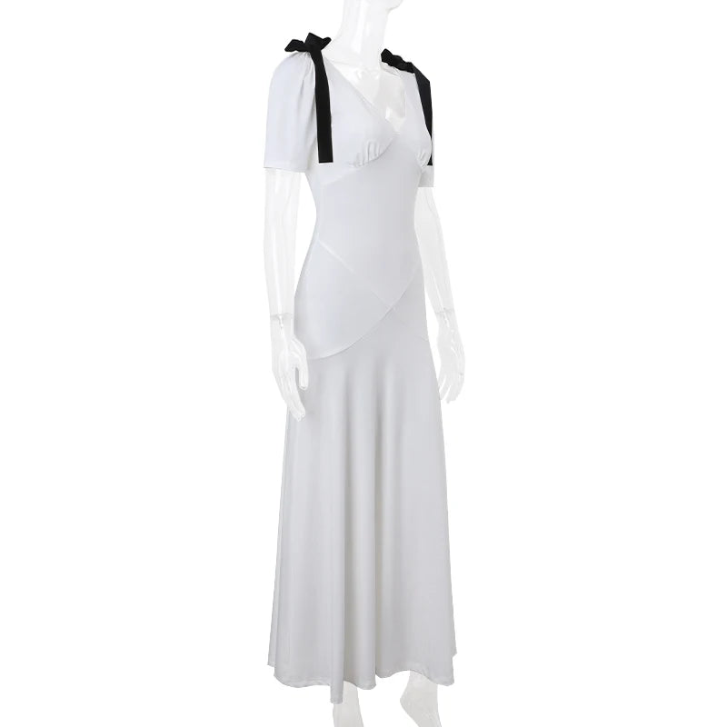WhereMery Elegant Temperament Bow Summer Casual Maxi Dresses V-Neck Y2K Women's Long Dress Evening Party Office Holiday Vestidos