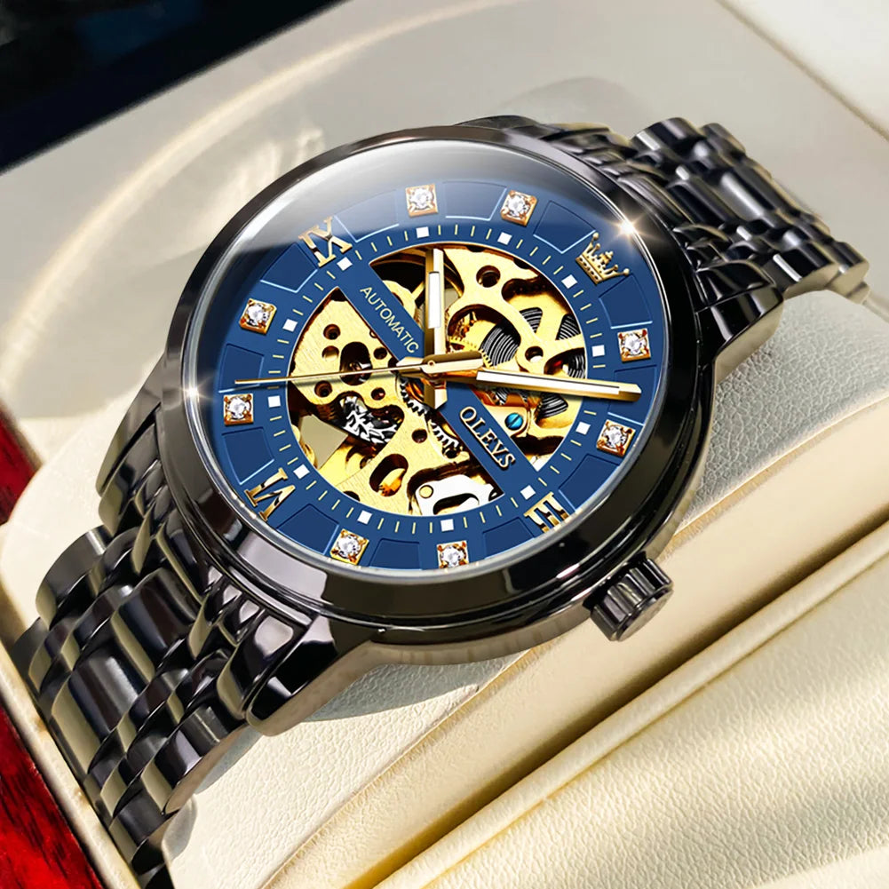 OLEVS Skeleton Watch Men Waterproof Luminous Casual Automatic Mechanical Watche Sports Men Black Steel Wristwatch Reloj Hombre