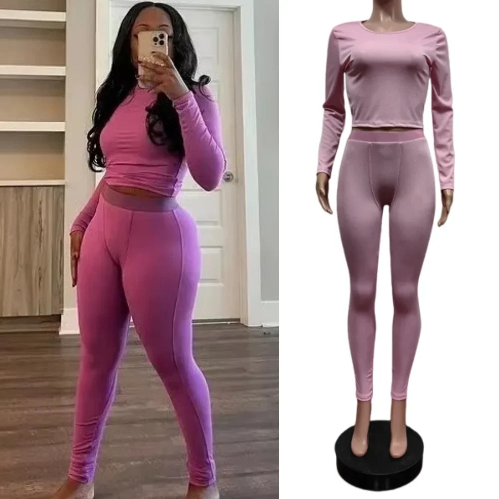 FAGADOER Autumn Winter New Ribbing 2 Piece Sets Women Outfit Solid Long Sleeve Crop Top + High Waist Leggings Suits Sportswear