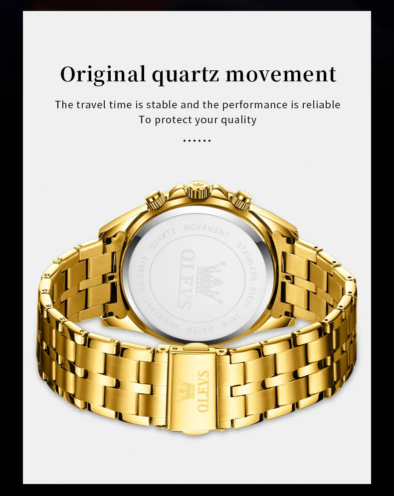 OLEVS Business Gold Men Watches Full Skeleton Stainless steel Chronograph Wristwatch Waterproof Luxury Luminous Quartz Watch Men