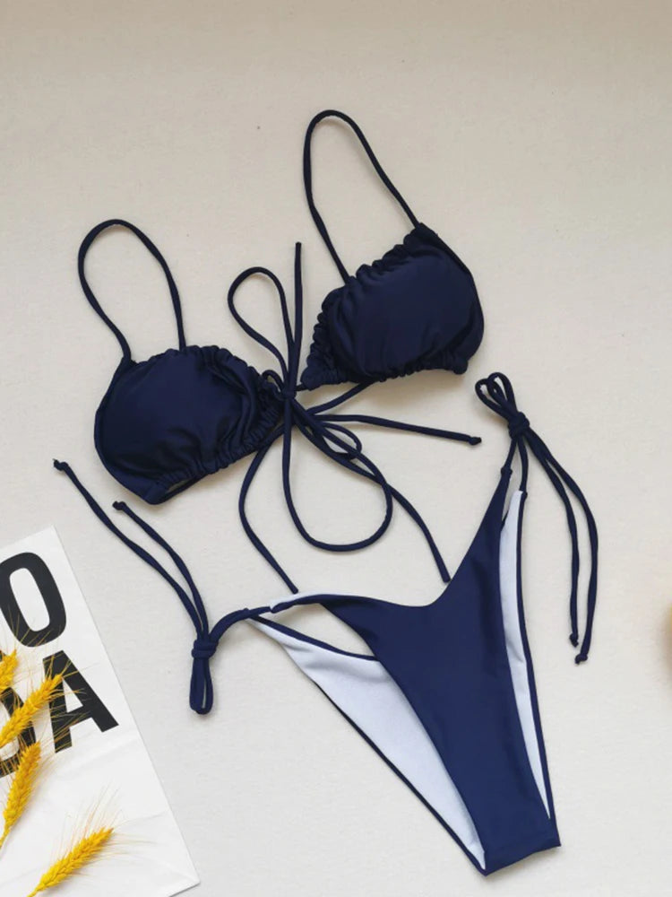 OIINAA Sexy Bikini Set Women Swimsuit Two-Piece Lace Up Pleated Female Swimwear Backless Bathing 2025 Summer Fashion Beachwear