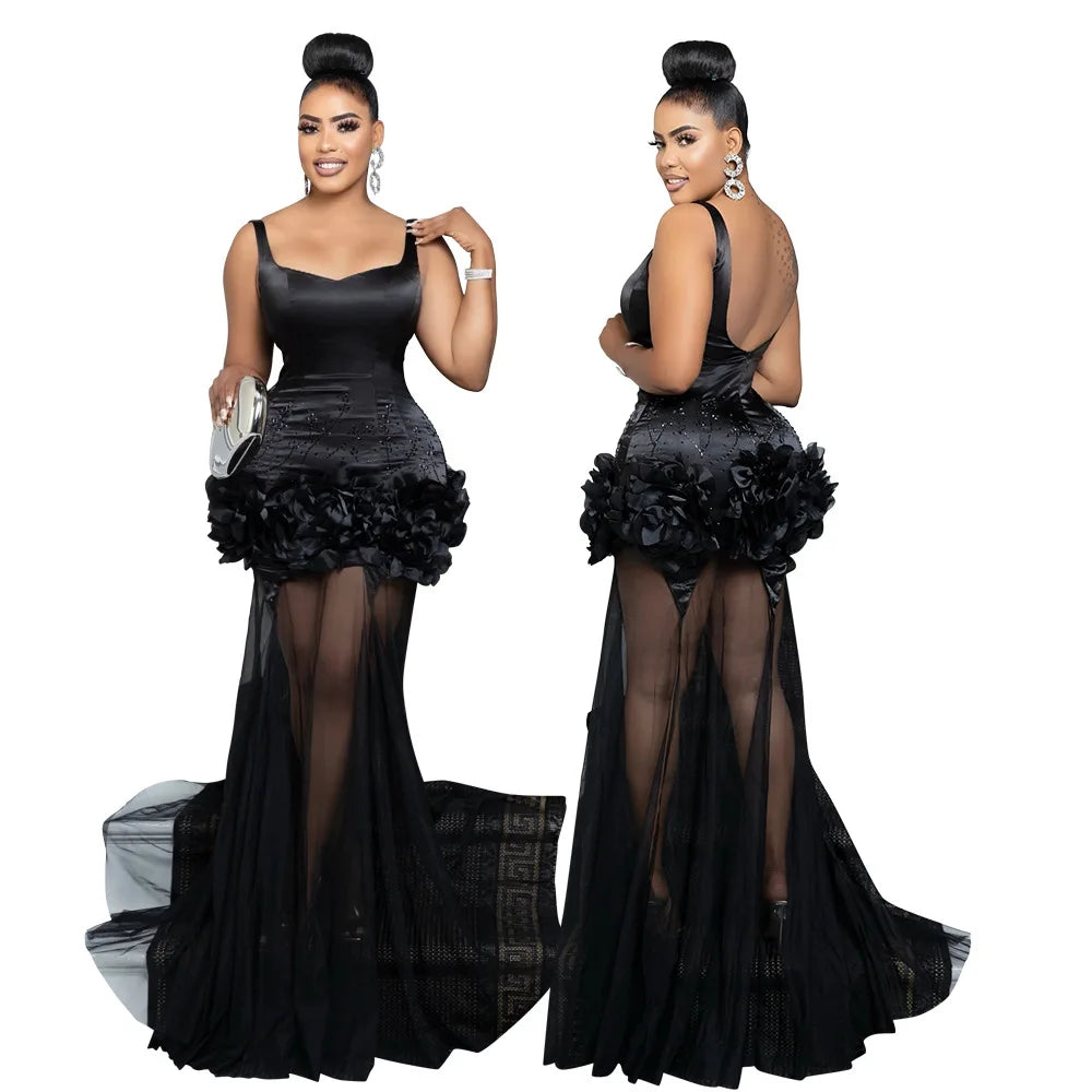 CM.YAYA Diamonds 3D Flower Mesh See Through Women Sleeveless Bodycon Long Dress Birthday Party Evening Prom Maxi Mermaid Dresses