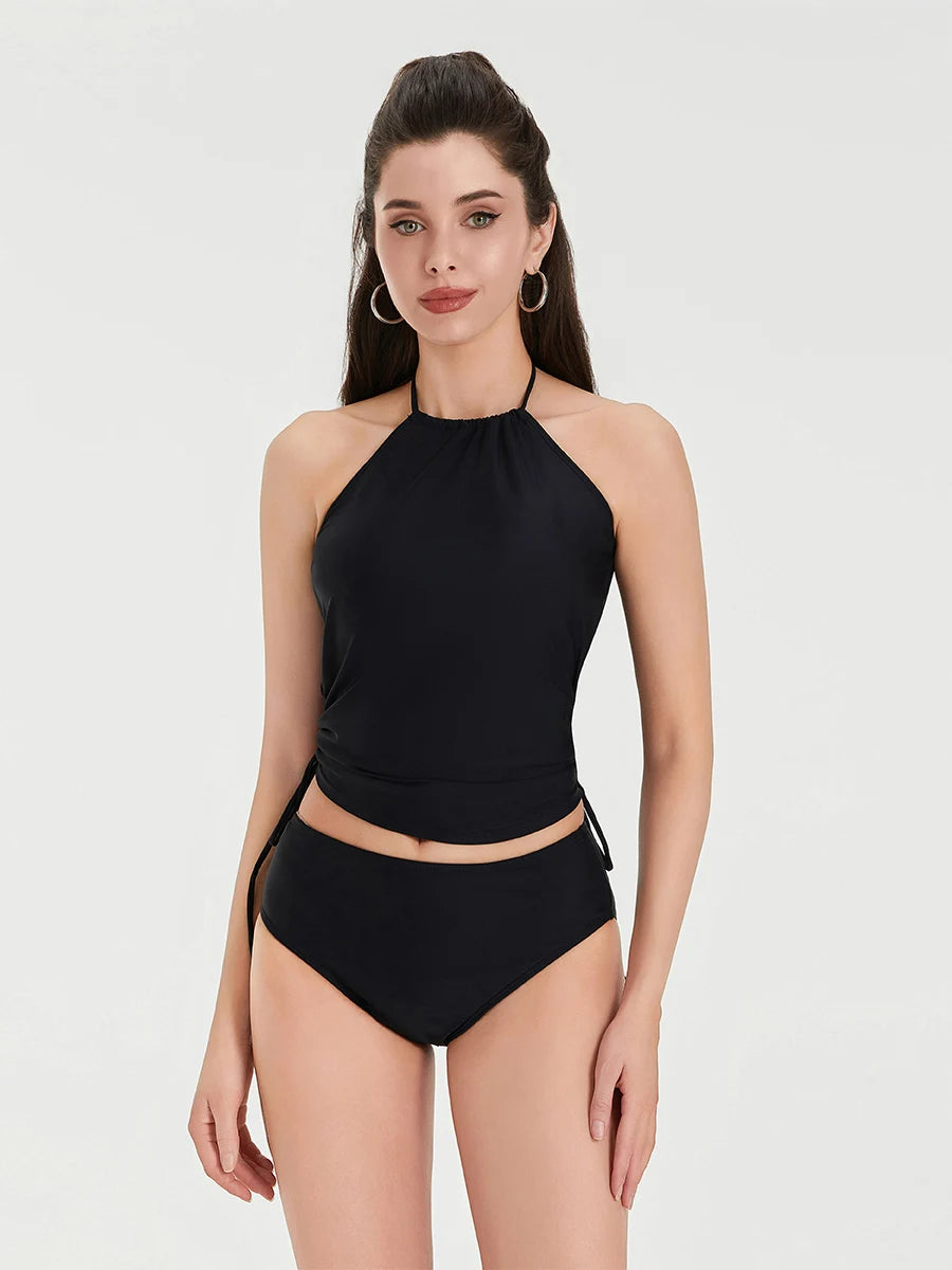 Women's 2 Piece Outfits Swimwear Bikini Set Coquette Sexy Halter Sleeveless Backless Crop Tops Solid Color Panties