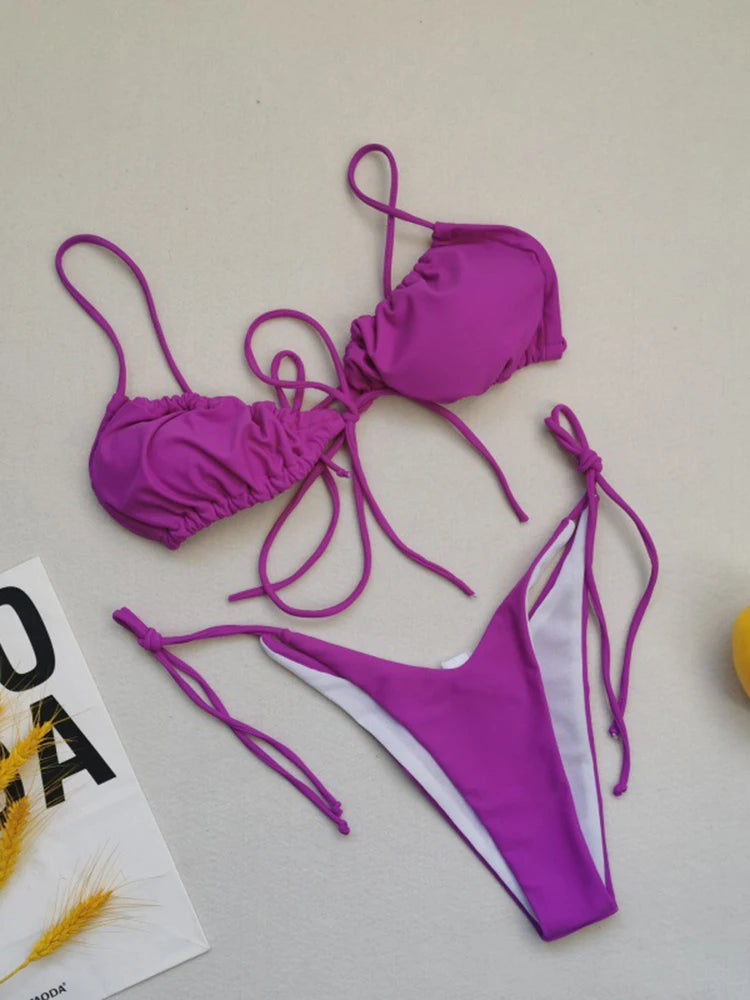 OIINAA Sexy Bikini Set Women Swimsuit Two-Piece Lace Up Pleated Female Swimwear Backless Bathing 2025 Summer Fashion Beachwear
