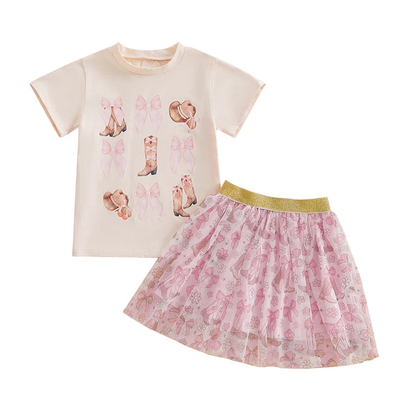 Infant Girls 2-Piece Summer Set with Short Sleeve Bow Boots Print Top and Tulle Skirt Cute Baby Western Outfit