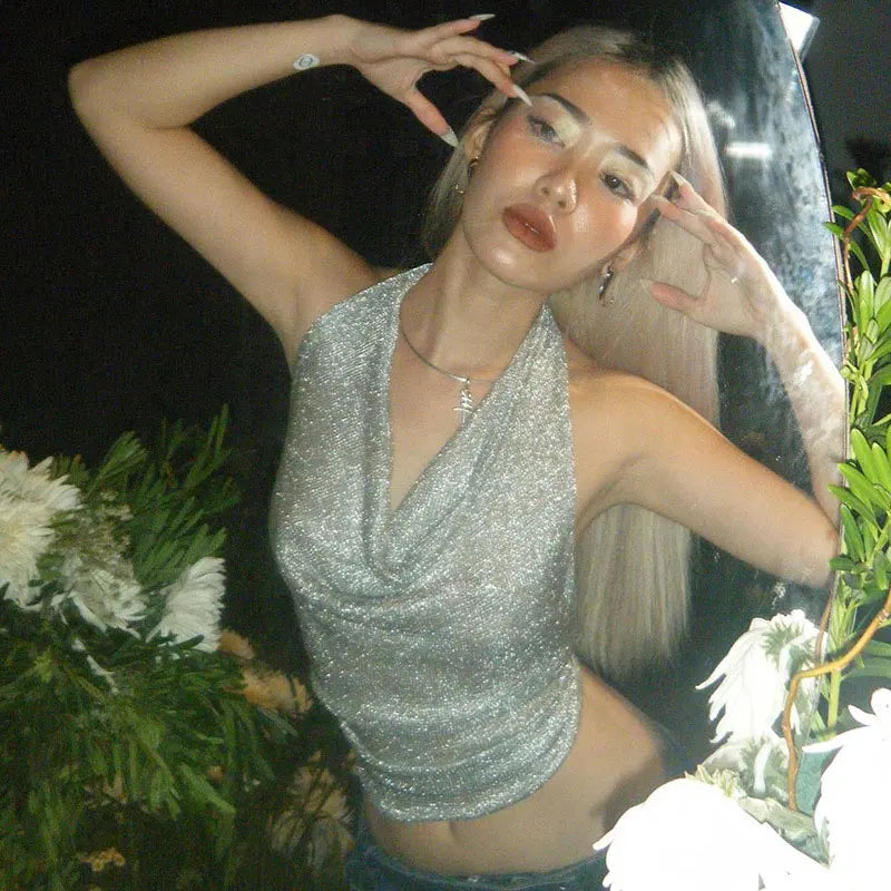 Autumn Women Bling Glitter Sequins Sexy Y2K Clothes Lace Up Sleeveless Backless Halter Crop Top Korean Fashion Vintage