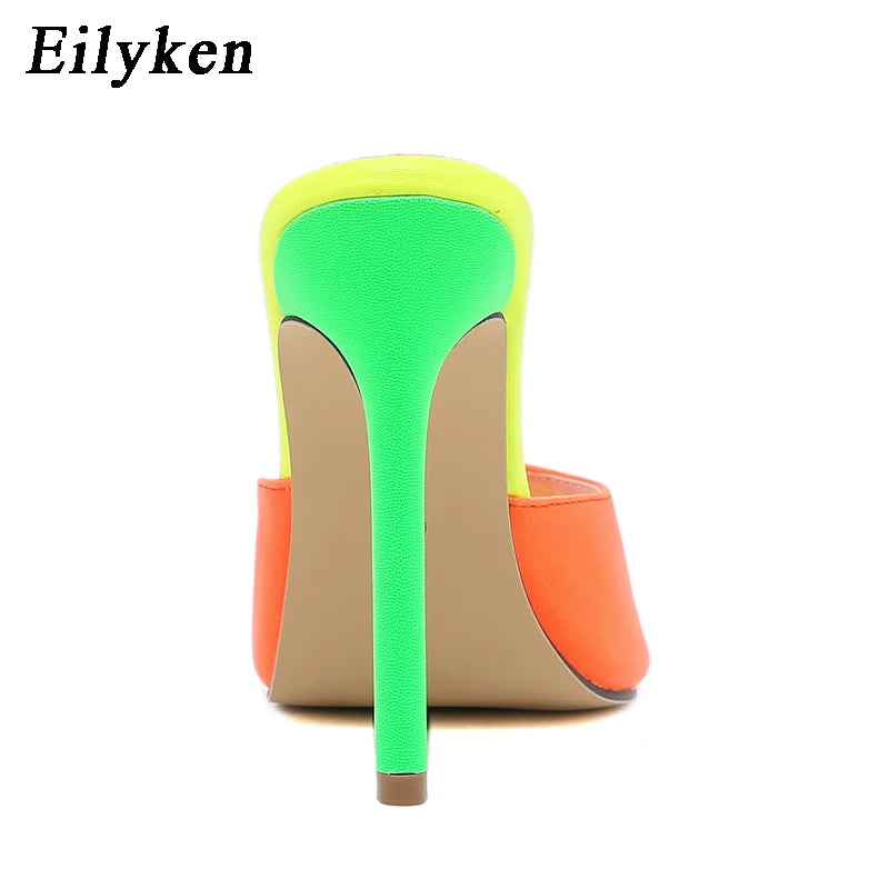 Eilyken Sexy Pointed Toe Mule High Heels Slipper Stripper Summer Fashion Mixed Color Slip On Slides Women Party Sandal Shoes