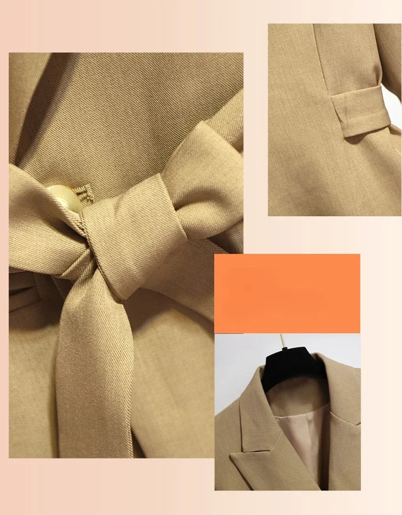 Women's Blazer 2024 Autumn New Korean Fashion Stylish Tie Waist Jacket Unique Luxurious Outerwear for Women Medium Length Jacket