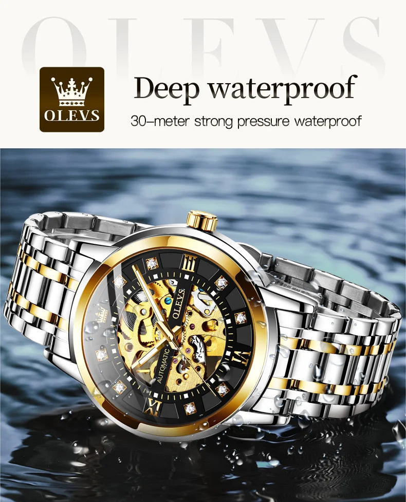 OLEVS Skeleton Watch Men Waterproof Luminous Casual Automatic Mechanical Watche Sports Men Black Steel Wristwatch Reloj Hombre