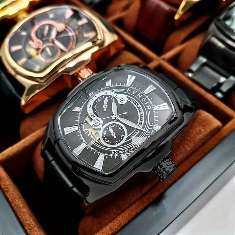 Fax Men's Commercial Punk Watch, Large Bucket Dial Glowing, Calendar Function, Black Artificial Leather Belt Quartz Watch for Male Students - Ideal Fashion Party and Gifts, Christmas, Father's Day