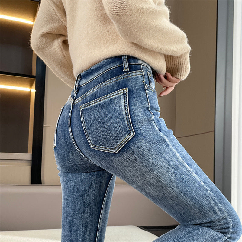 Women Winter Thermal Jeans Snow Warm Stretchy Skinny Vintage Jeans Lady Denim Pencil Pants Casual Daily High Waist Trousers