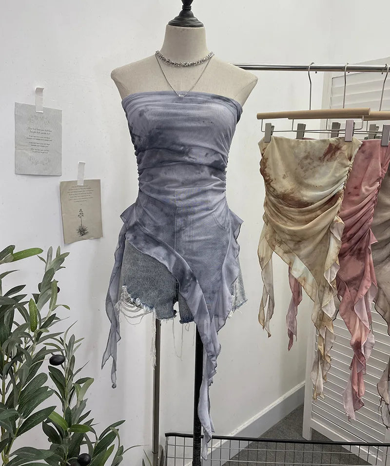 Women's Tie Dye Ruffled Ribbon Mesh Tube Top Irregular Mesh Sleeveless Tube Top Sexy Backless Vest Party Leisure Essential 9956