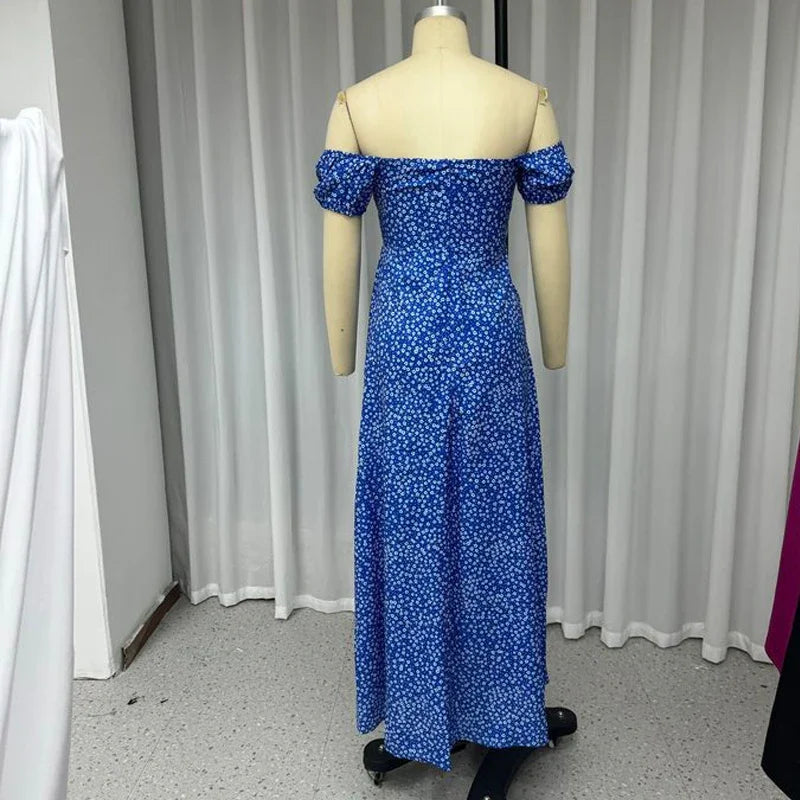 Wefads Women Maxi Dress Elegant Floral Printed Short Sleeve Off Shoulder Tie Up Slit Slim Beach Long Dresses Streetwear