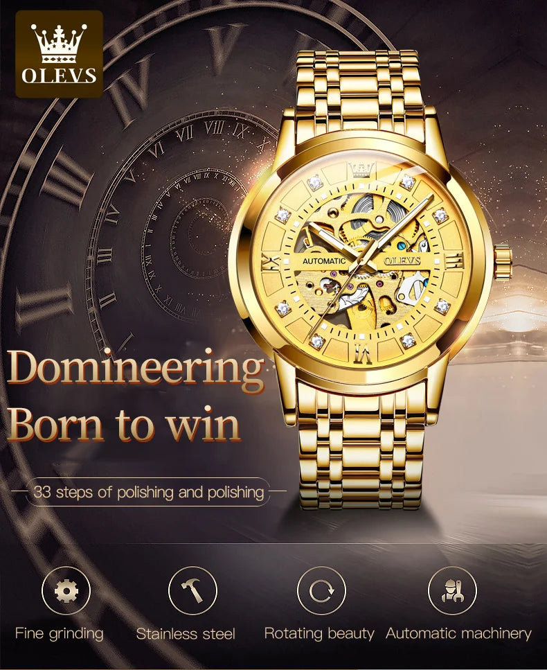OLEVS Skeleton Watch Men Waterproof Luminous Casual Automatic Mechanical Watche Sports Men Black Steel Wristwatch Reloj Hombre