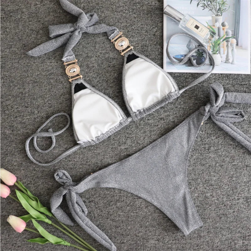 2025 Sexy Bikinis Swimsuit With Rhinestones Solid Color Swimwear Female Push Up Bikini Beach Swimming Bathing Suit Women Bather