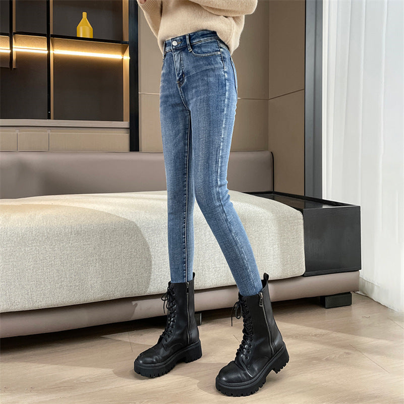 Women Winter Thermal Jeans Snow Warm Stretchy Skinny Vintage Jeans Lady Denim Pencil Pants Casual Daily High Waist Trousers