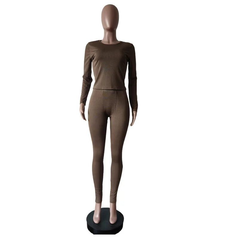 FAGADOER Autumn Winter New Ribbing 2 Piece Sets Women Outfit Solid Long Sleeve Crop Top + High Waist Leggings Suits Sportswear