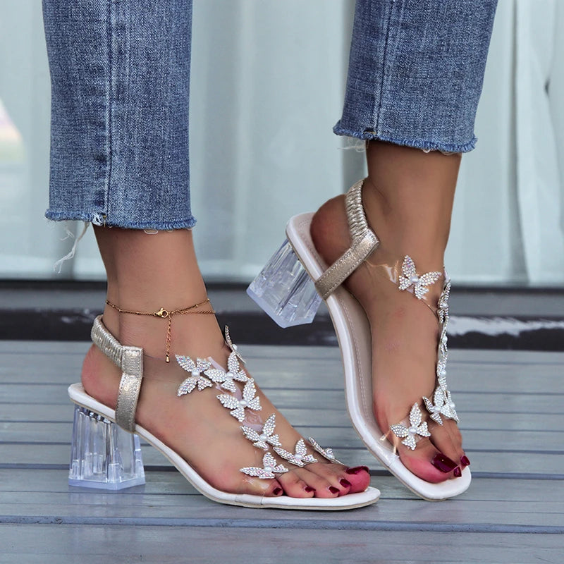 Transparent Square Heel Sandals for Women Luxury Flash Drill Summer High Heels Fashion Women's Shoes Low Heels Sandal Size 43