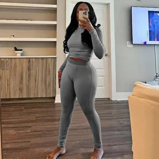 FAGADOER Autumn Winter New Ribbing 2 Piece Sets Women Outfit Solid Long Sleeve Crop Top + High Waist Leggings Suits Sportswear