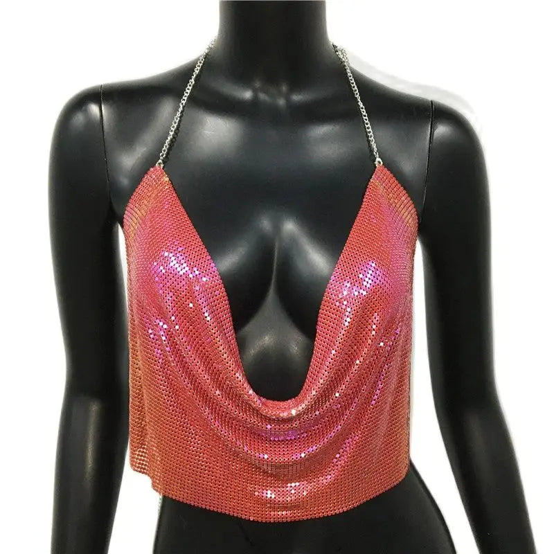 Women 2025 Sexy Metal Sequined Tank Camis Summer Gold Silver Backless Cropped Glitter Beach Club Show Wear Tank Tops