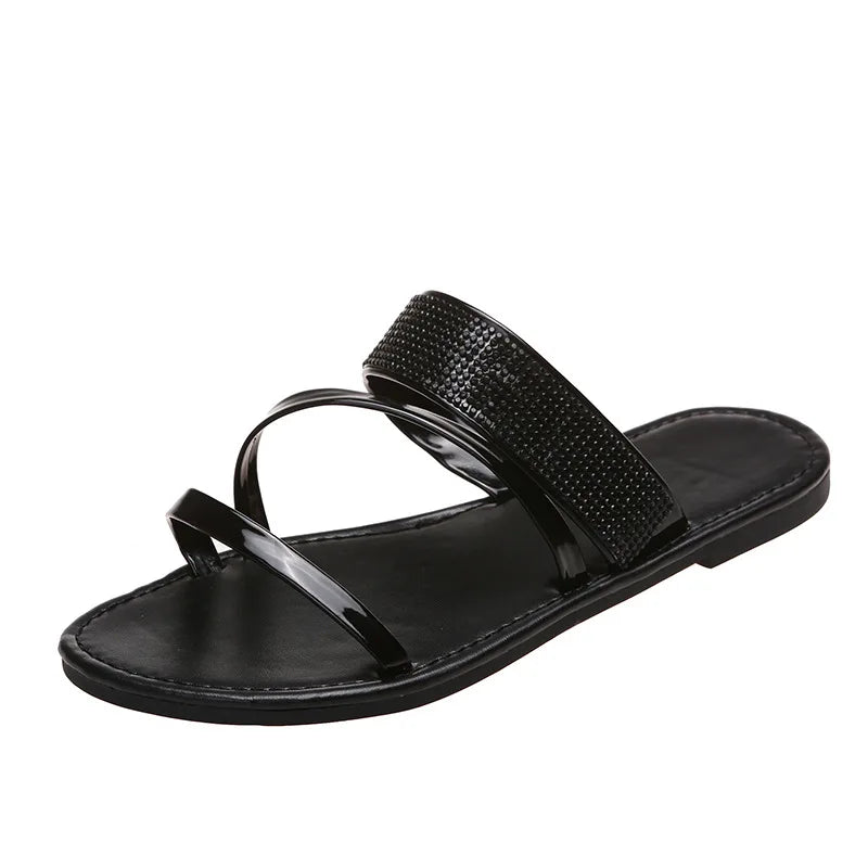 Summer Women Sandals Flat Sandal Sparkle Rhinestone Slide Trendy Women's Beach Sparkly Dressy Slip on Bling Casual Shoes