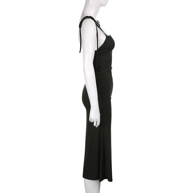 Summer Black Dress Irregular Elegant Backless Party Long Dress Strappy Ruched Sexy Dresses Women Clothes Vintage Vestidos Largos