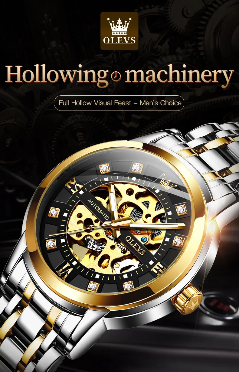 OLEVS Skeleton Watch Men Waterproof Luminous Casual Automatic Mechanical Watche Sports Men Black Steel Wristwatch Reloj Hombre