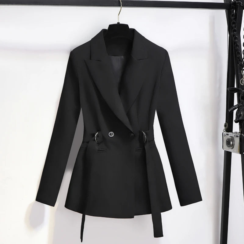 Women's Blazer 2024 Autumn New Korean Fashion Stylish Tie Waist Jacket Unique Luxurious Outerwear for Women Medium Length Jacket