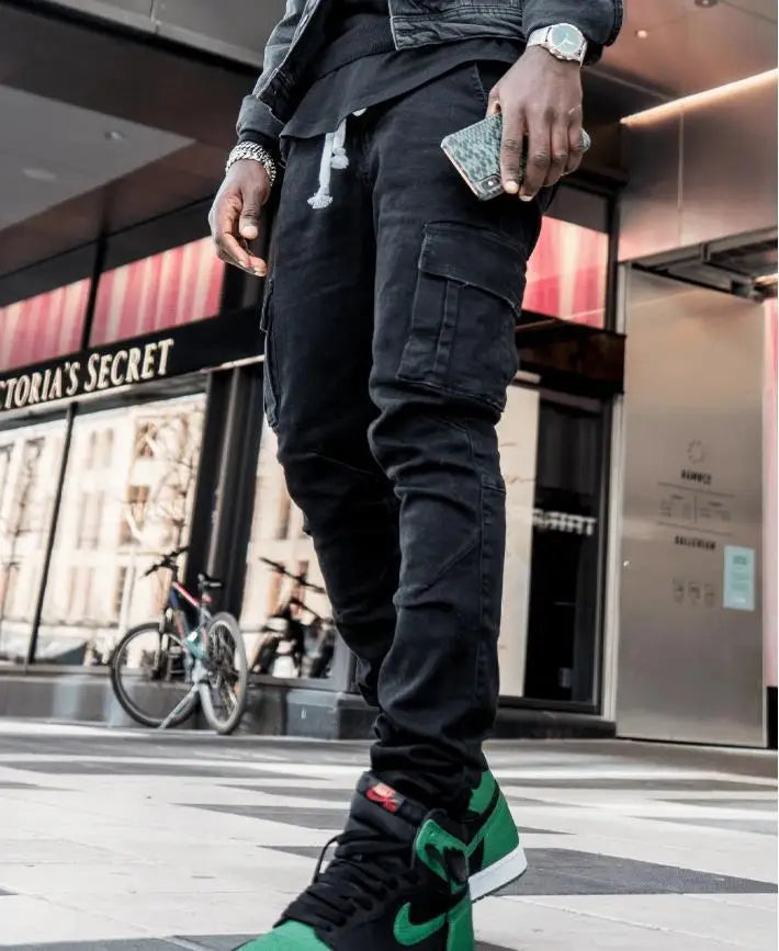 New Jeans Men Pants Wash Solid Color Multi Pockets Denim Mid Waist Cargo Jeans Plus Size Fahsion Casual Trousers Male Daily Wear