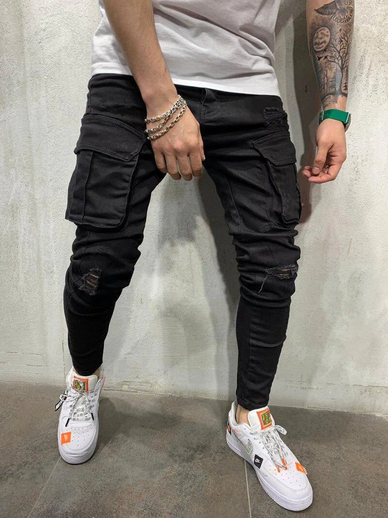 New Jeans Men Pants Wash Solid Color Multi Pockets Denim Mid Waist Cargo Jeans Plus Size Fahsion Casual Trousers Male Daily Wear