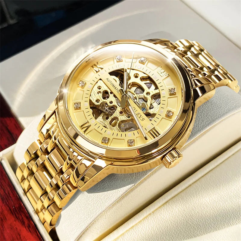 OLEVS Skeleton Watch Men Waterproof Luminous Casual Automatic Mechanical Watche Sports Men Black Steel Wristwatch Reloj Hombre