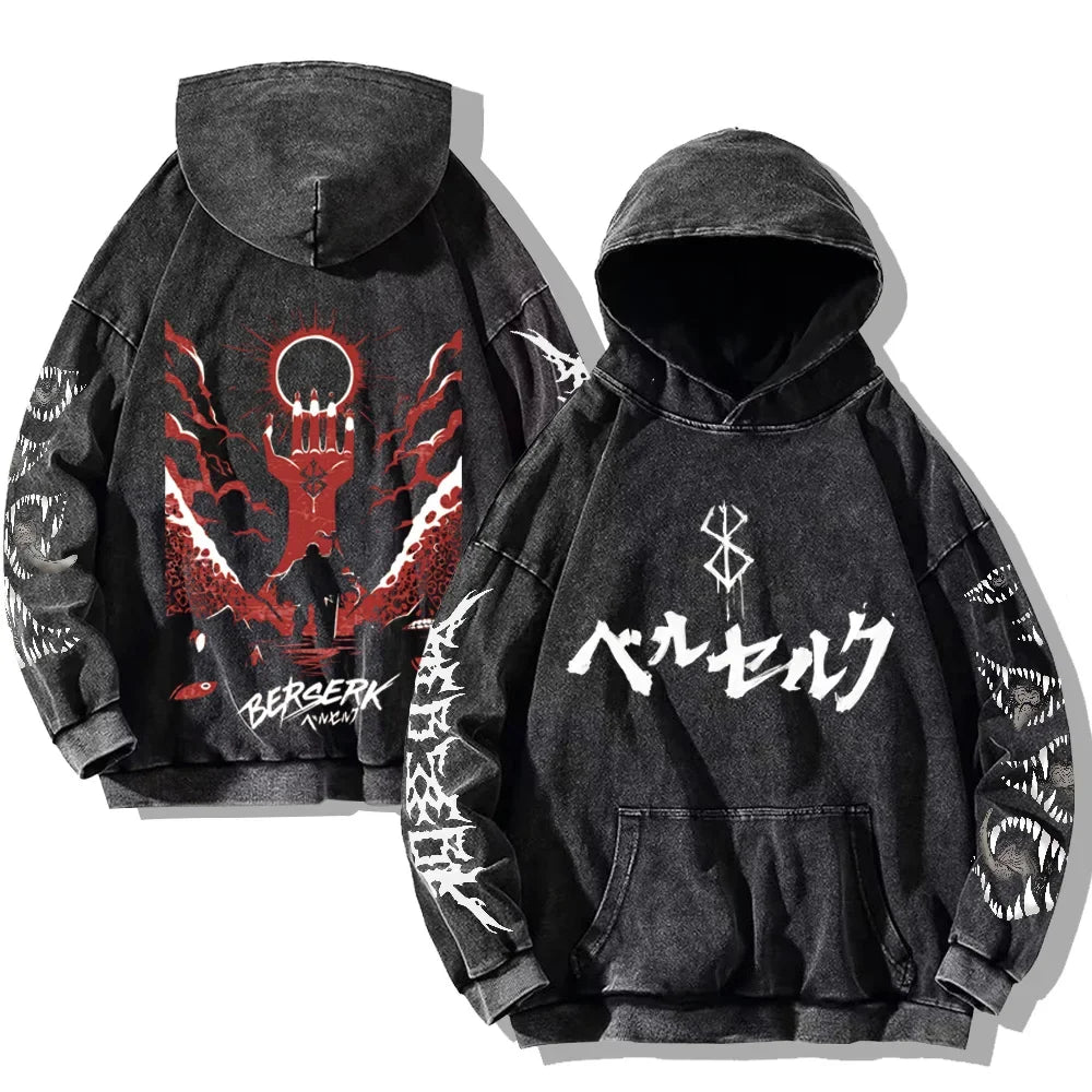 Autumn Men's Hoodies Gothic Print Vintage Washed Hoodie Hip Hop Streetwear Cotton Sweatshirts Harajuku Casual Pullover Y2K Tops