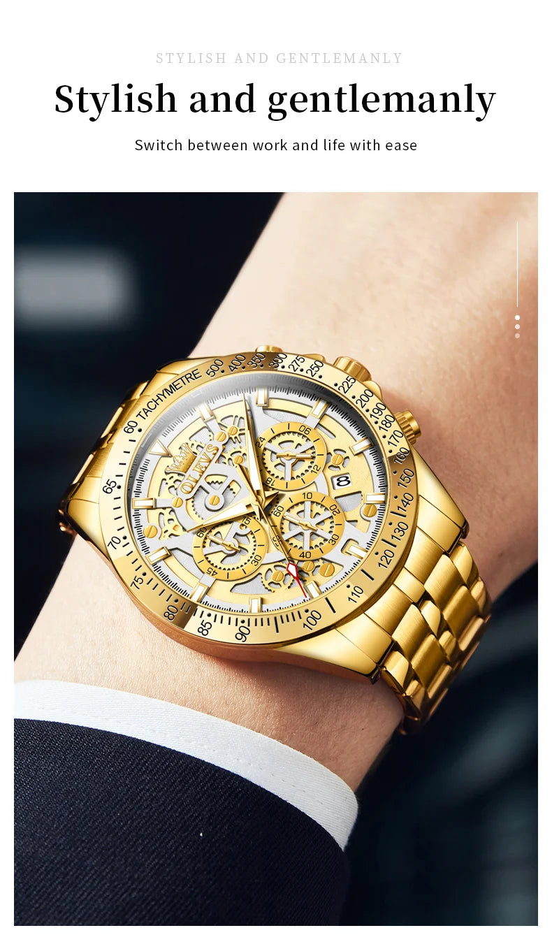OLEVS Business Gold Men Watches Full Skeleton Stainless steel Chronograph Wristwatch Waterproof Luxury Luminous Quartz Watch Men