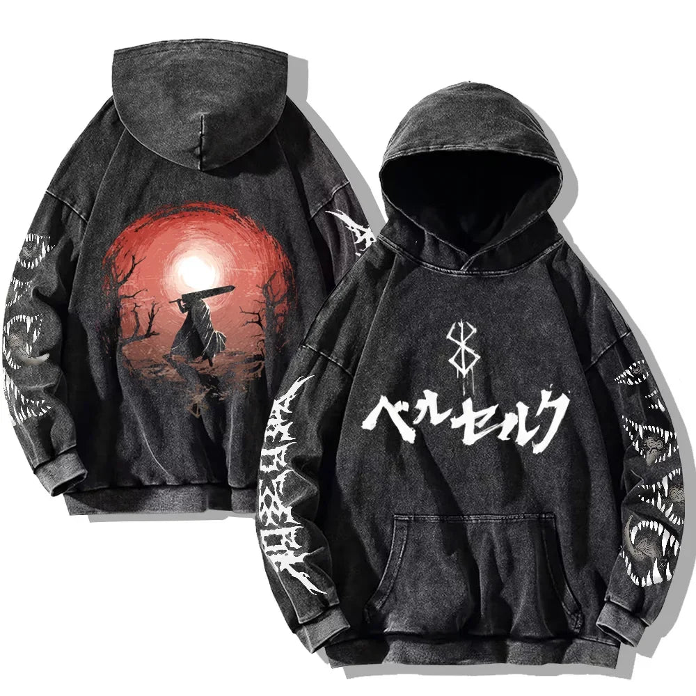 Autumn Men's Hoodies Gothic Print Vintage Washed Hoodie Hip Hop Streetwear Cotton Sweatshirts Harajuku Casual Pullover Y2K Tops