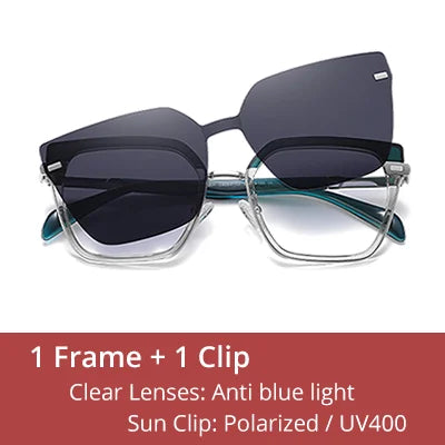 Ralferty Designer Polarized Sunglasses Women 2 In 1 Clips On Glasses Female Spectacles Frame Cat Eye Glasses 0 Diopter Eyewear