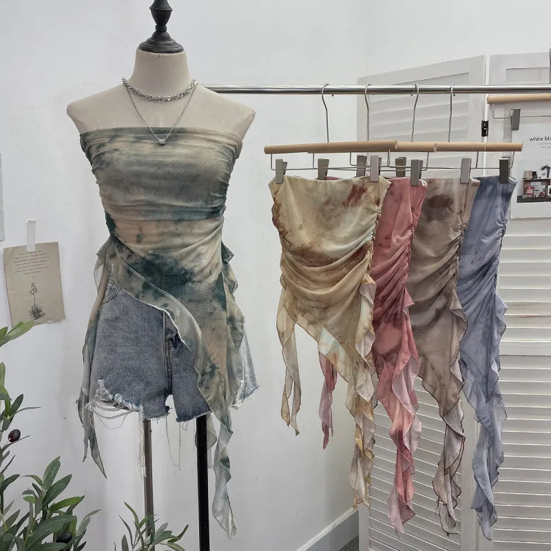 Women's Tie Dye Ruffled Ribbon Mesh Tube Top Irregular Mesh Sleeveless Tube Top Sexy Backless Vest Party Leisure Essential 9956