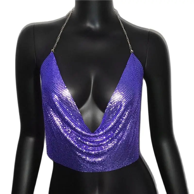Women 2025 Sexy Metal Sequined Tank Camis Summer Gold Silver Backless Cropped Glitter Beach Club Show Wear Tank Tops