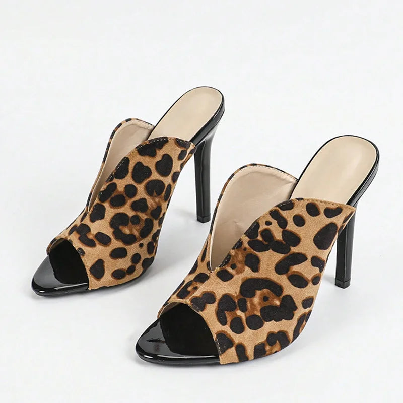 Liyke Sexy Leopard Print Women Slippers V-Strap Shallow Peep Toe Thin High Heels Sandal Summer Party Banquet Shoes Zapatos Mujer