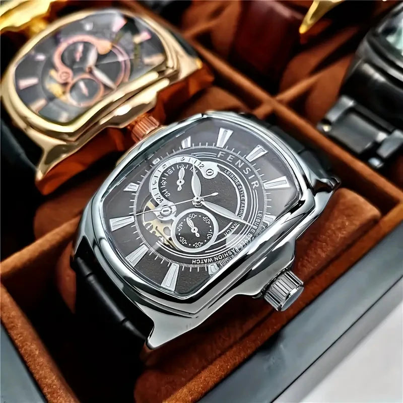 Fax Men's Commercial Punk Watch, Large Bucket Dial Glowing, Calendar Function, Black Artificial Leather Belt Quartz Watch for Male Students - Ideal Fashion Party and Gifts, Christmas, Father's Day