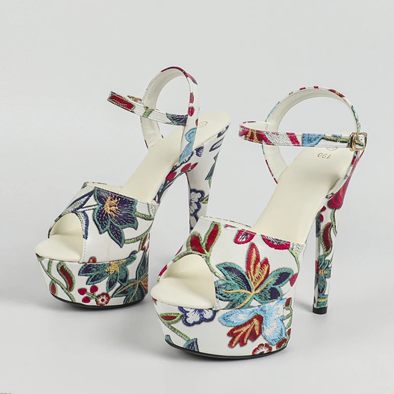 Liyke Designer Mixed Colors Flowers Print Leather Platform Sandal Women Sexy Peep Toe Super High Heels Party Club Stripper Shoes