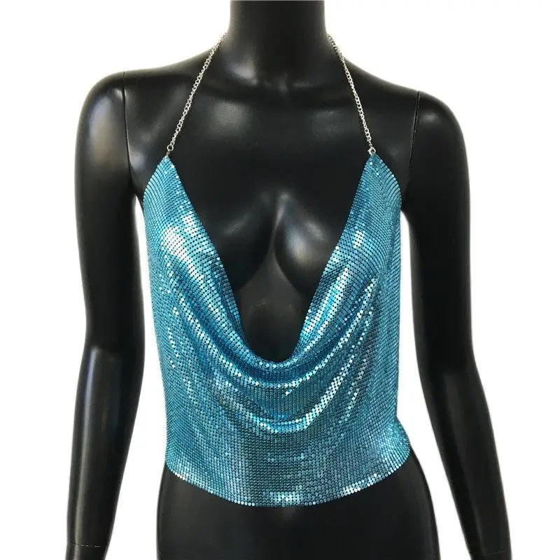 Sexy Metal Sequins Tank Top For Women 2025 Summer V Neck Backless Crop Tops Luxury Solid Short Party Nightclub Tank Tops