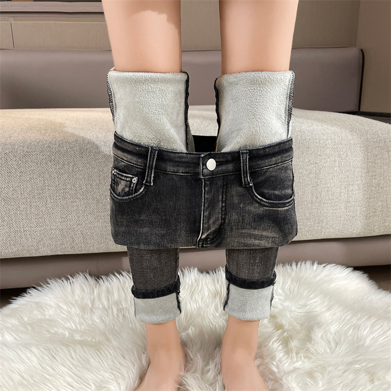 Women Winter Thermal Jeans Snow Warm Stretchy Skinny Vintage Jeans Lady Denim Pencil Pants Casual Daily High Waist Trousers