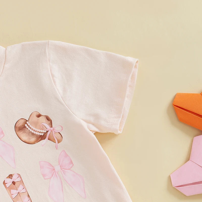 Infant Girls 2-Piece Summer Set with Short Sleeve Bow Boots Print Top and Tulle Skirt Cute Baby Western Outfit