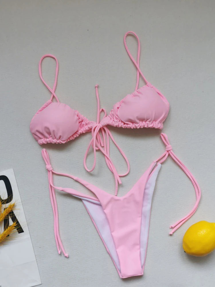 OIINAA Sexy Bikini Set Women Swimsuit Two-Piece Lace Up Pleated Female Swimwear Backless Bathing 2025 Summer Fashion Beachwear