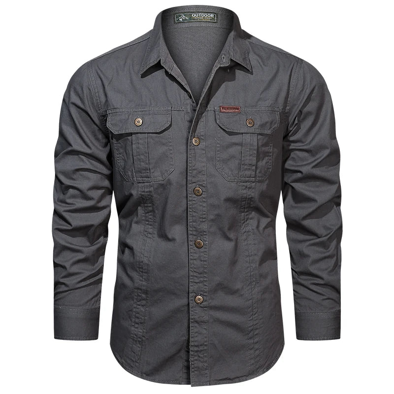 New Autumn Fashion Coton Shirts for Men Long Sleeve Multi-Pocket Cargo Shirt Solid Color Casual Outdoor Colthing Men's Shirt