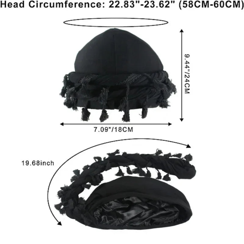 Men Hat Punk Burr Trim Twisted Tail Fringe Cotton Bandana Hat Hop Turban Hats Head Wrap Beanie Cap Solid Color Docker Hat 2024