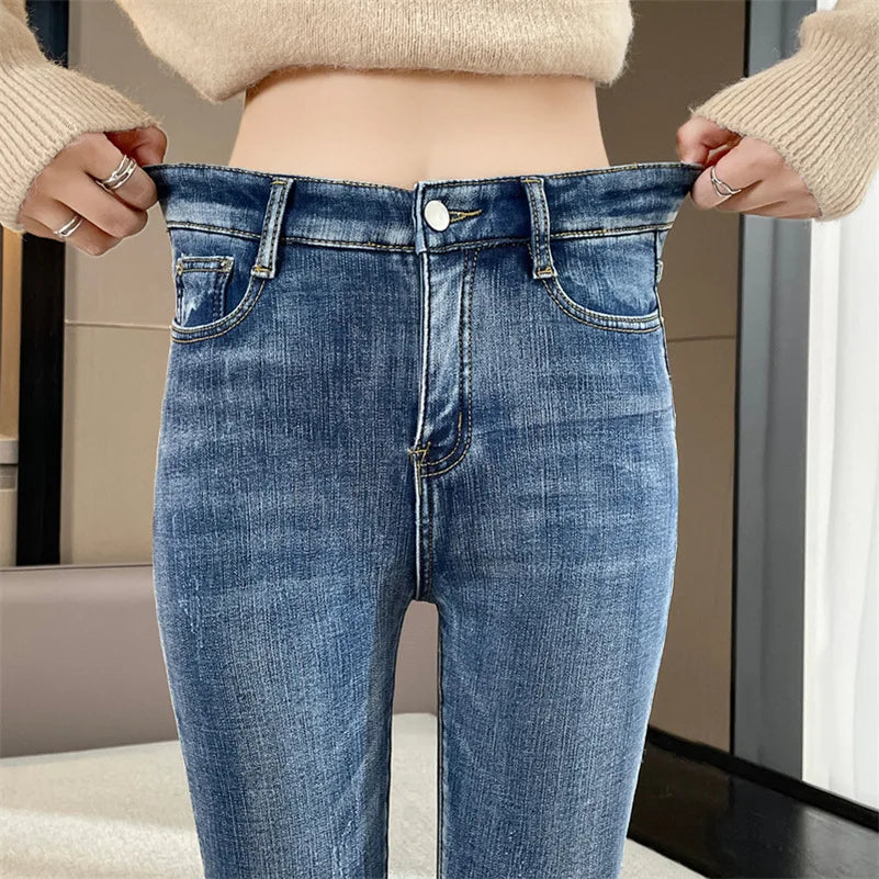 Women Winter Thermal Jeans Snow Warm Stretchy Skinny Vintage Jeans Lady Denim Pencil Pants Casual Daily High Waist Trousers