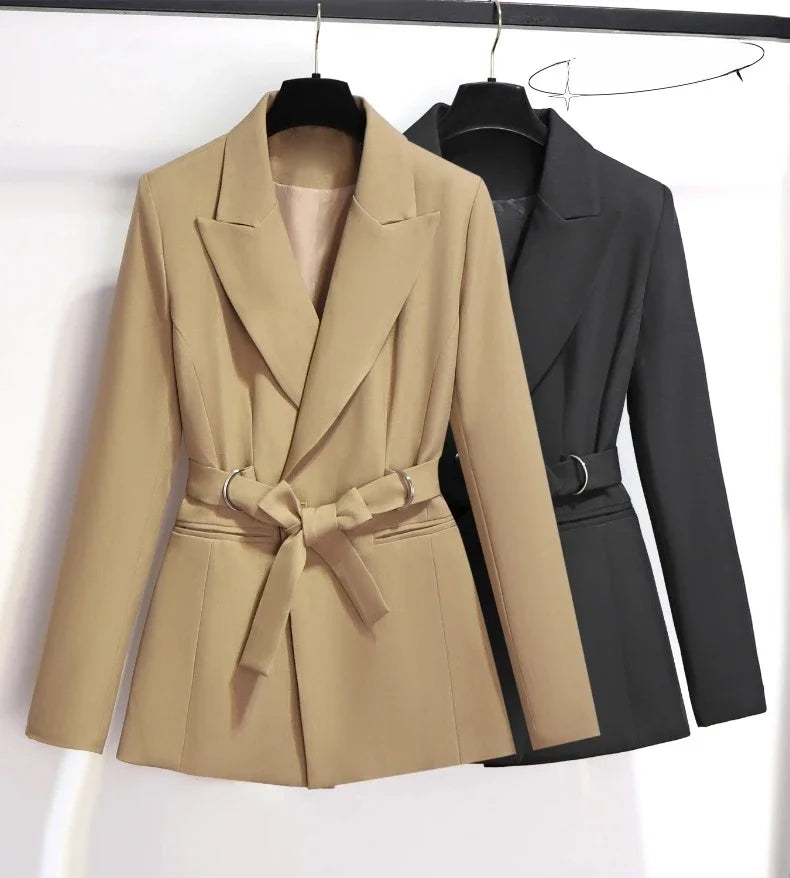 Women's Blazer 2024 Autumn New Korean Fashion Stylish Tie Waist Jacket Unique Luxurious Outerwear for Women Medium Length Jacket