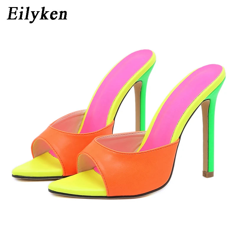 Eilyken Sexy Pointed Toe Mule High Heels Slipper Stripper Summer Fashion Mixed Color Slip On Slides Women Party Sandal Shoes