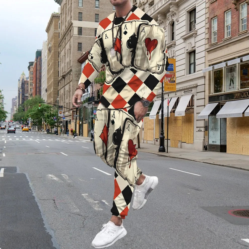 Fashion Poker 3D Print Men's Sportswear Set Casual Long-Sleeved T Shirt Pants 2-Piece Set Oversized Pullover Men Clothing